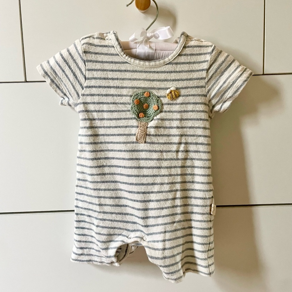 Striped Cotton Albetta Baby Romper with Crochet Tree and Bee